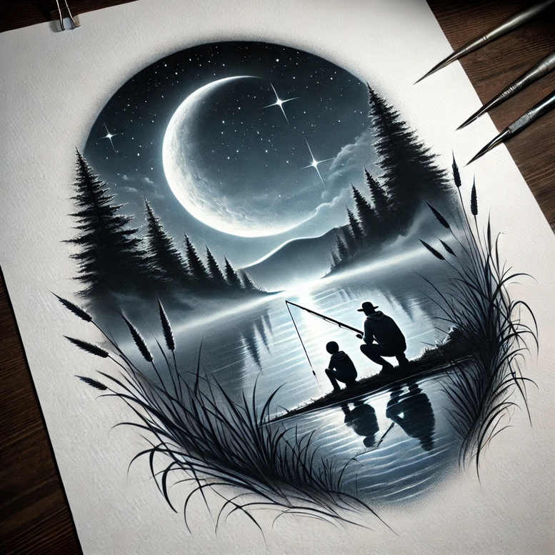 Moonlit night scene with fisherman and child on a lakeshore, fishing-rod, moon, stars, pine trees, grasses, and lake reflection in black and grey; AI-generated tattoo project; cover-up ready.