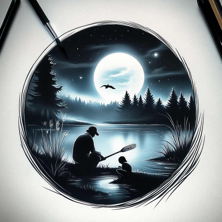 Man and child silhouettes by a moonlit lake, with pine trees and a distant bird, enclosed by a circular brush-stroke frame; black and grey tattoo idea, cover-up friendly.