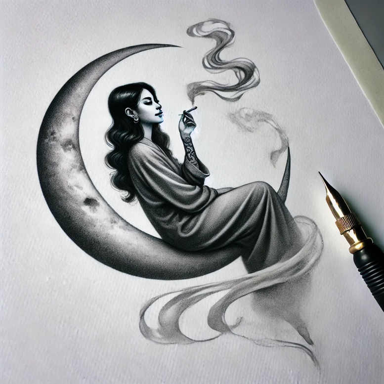 A grayscale illustration of a woman seated on a crescent moon, smoking with flowing scarf; black and grey; project idea; not primarily for cover-up.