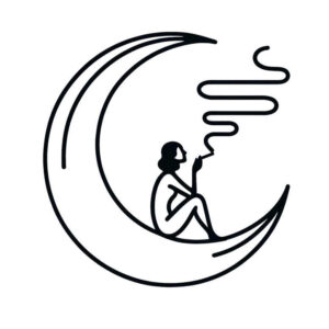 Moon crescent with a seated silhouette smoking a wavy line; black line art; tattoo project; suitable for a cover-up.