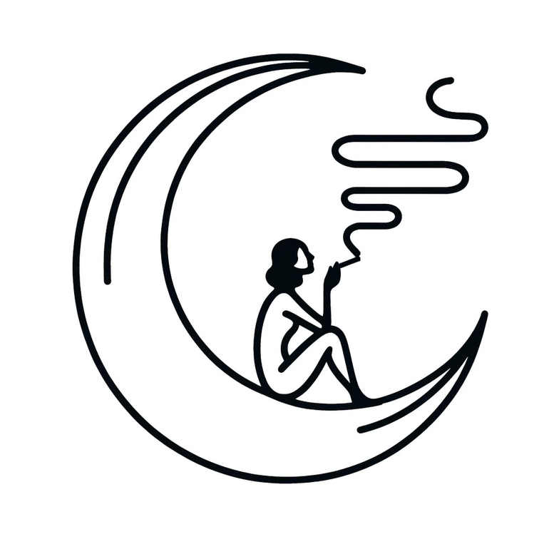 Moon crescent with a seated silhouette smoking a wavy line; black line art; tattoo project; suitable for a cover-up.
