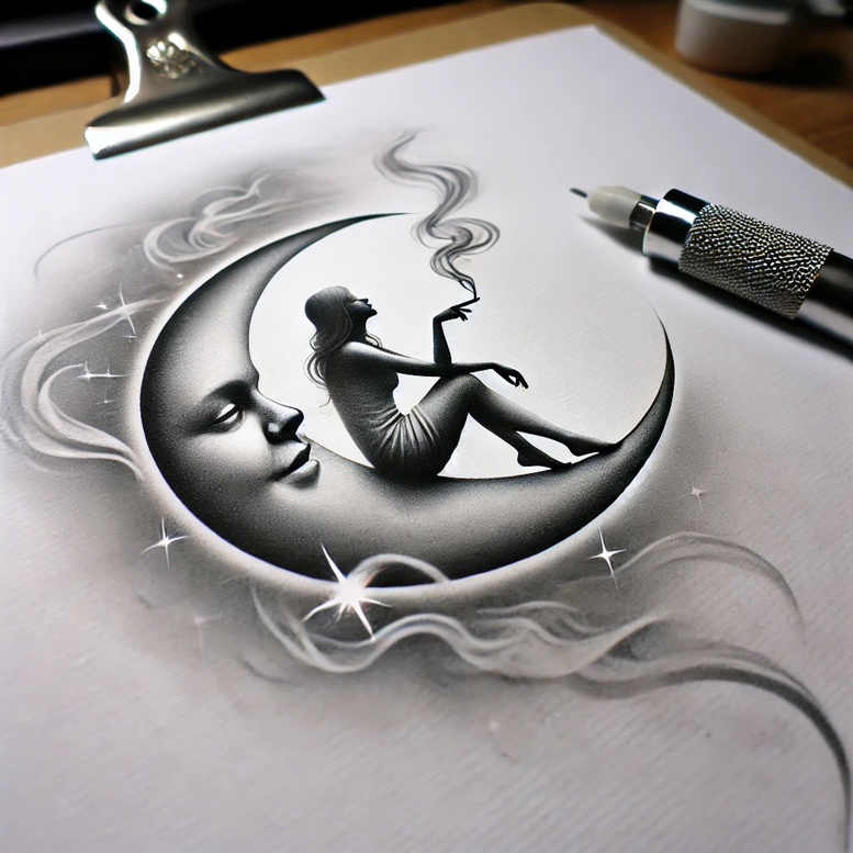 Black and grey minimalist tattoo of a crescent moon with a seated female silhouette and curling smoke, a project idea perfect for cover-up.