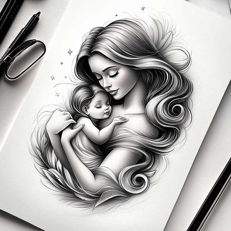 Black and grey illustration of a woman holding a baby; AI-generated tattoo project; not clearly a cover-up.