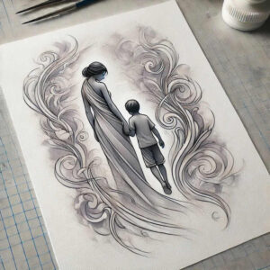 Mother and child walking hand in hand; swirl patterns around on white paper; black and grey pencil sketch with brushes nearby; tattoo design idea, not a cover-up.