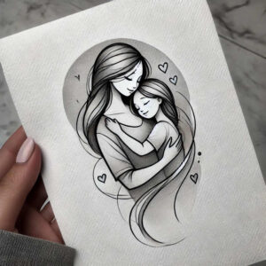 Woman and child embrace in black and grey fine line tattoo design with circle backdrop and heart motif; project with cover-up potential.