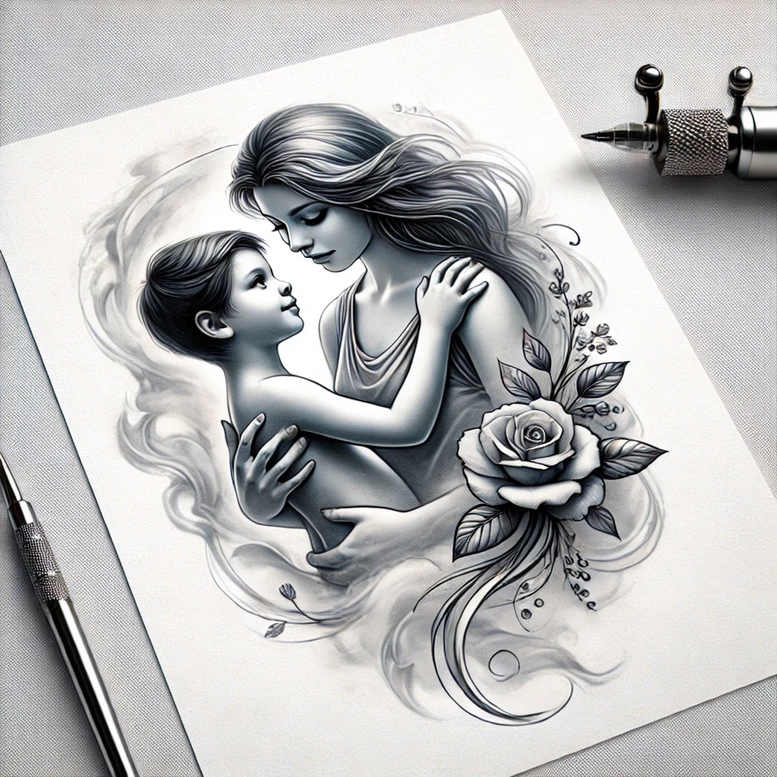Mother and child embrace in grayscale with a rose and leaves; on paper beside a tattoo machine; black and grey; AI-generated tattoo project concept; not ideal for cover-up.