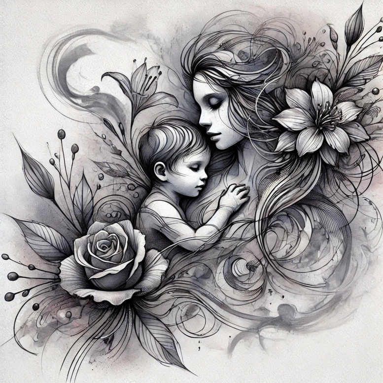 Woman and child embraced by flowing floral swirls in black and grey, fine-line style; tattoo project idea; cover-up not intended.
