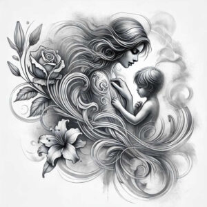Woman and child in grayscale with rose and lily flowers, flowing vines; black and grey tattoo design; ideal for a cover-up.