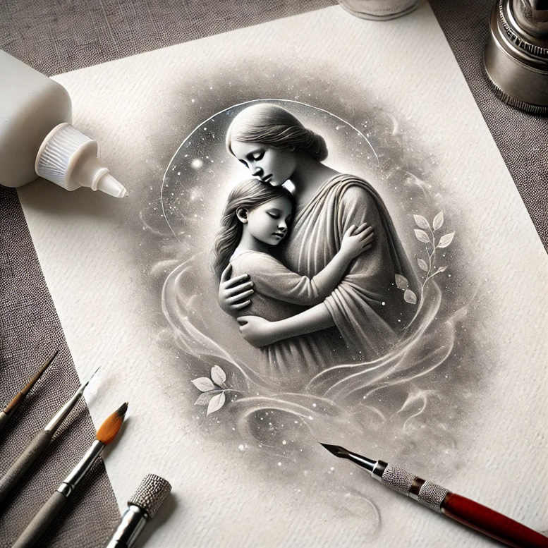 Mother, child, halo, circle, leaf, mist; black and grey; project; cover-up suitable.