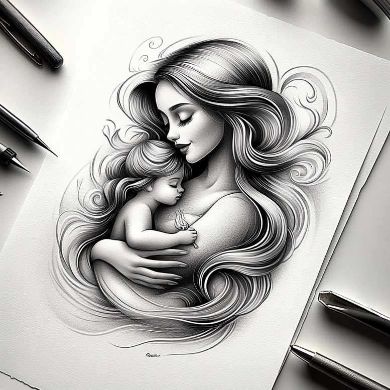 Mother and baby in black and grey with flowing hair; tattoo concept, project idea, suitable for cover-up.