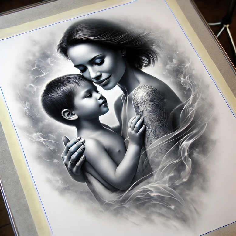 Woman and child depicted in black and grey tones; shoulder tattoo with an intricate pattern visible; AI-generated tattoo project; suitable for cover-up.