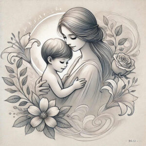 Mother and child in grayscale, framed by rose, flower, leaf, and vine; black and grey tattoo design concept; project idea, not designed for cover-up.