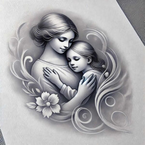 Mother and daughter embrace in black and grey with a flower and ornamental swirls.