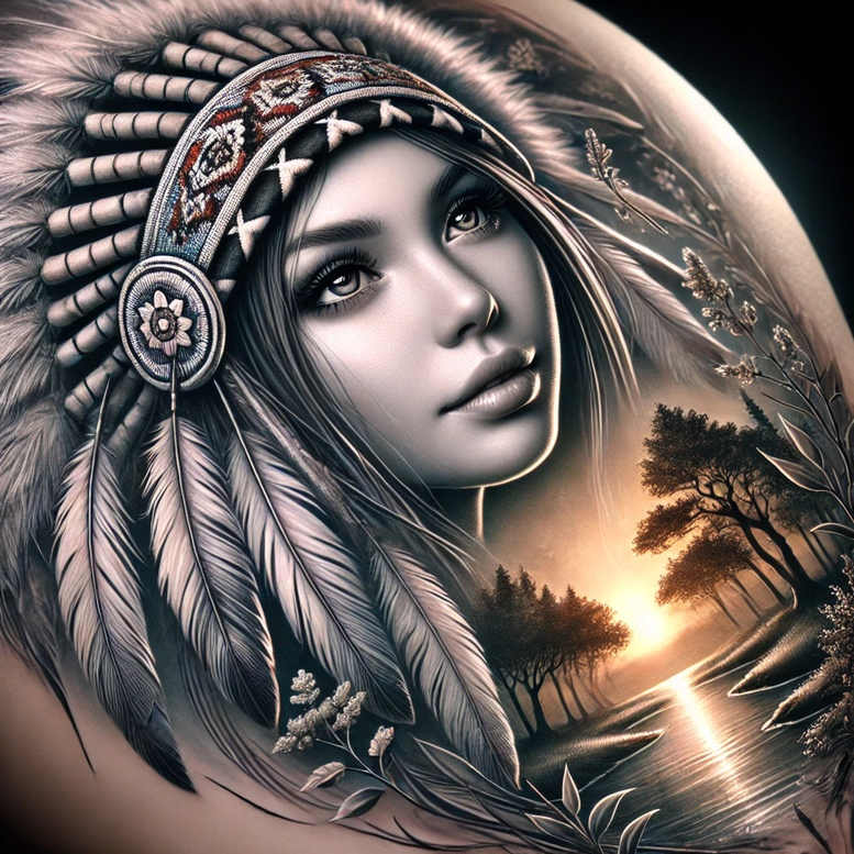 native-american-women tattoo design ideas Surrealism distorted reality detailed shading symbolising determination