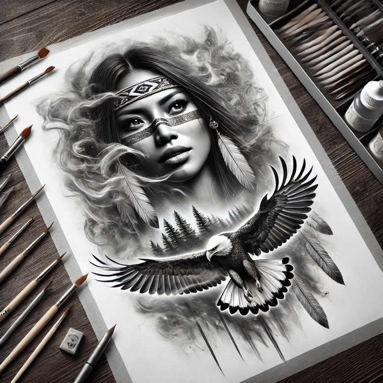 native-american-women tattoo design ideas Realism photographic quality fierce for side