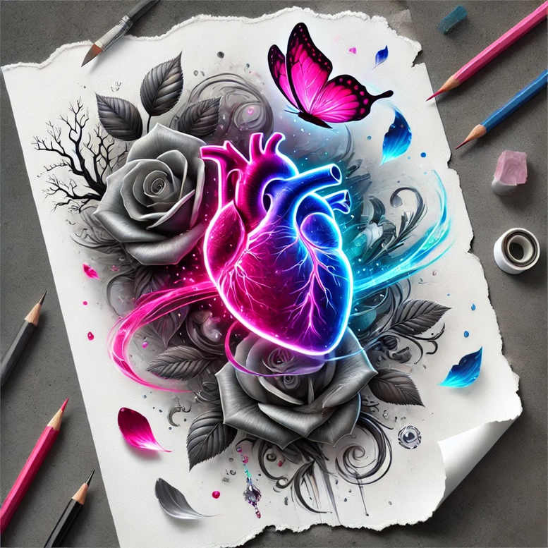 Heart in neon pink and electric blue center; grayscale roses and leaves surround, pink-blue butterflies fluttering; torn paper backdrop; AI-generated tattoo project idea; not specifically for cover-up.