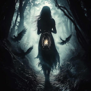 Figure with lantern in a dark forest, birds in flight, and a fog-lit path; black and grey; cover-up-ready AI-generated tattoo project.