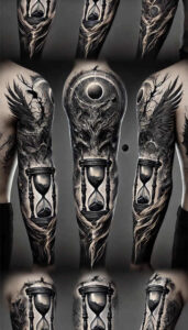 Black and grey hourglass and tree sleeve tattoos; cover-up-ready project.
