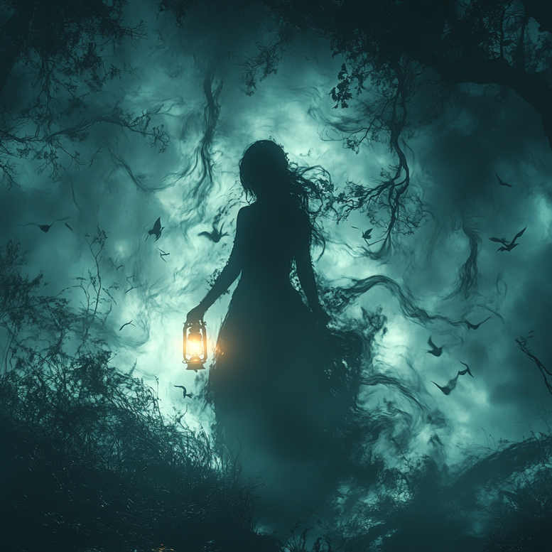Silhouette of a person in black and grey holding an orange-glow lantern, among dark trees, birds in flight, and teal mist — a cover-up-ready tattoo concept.