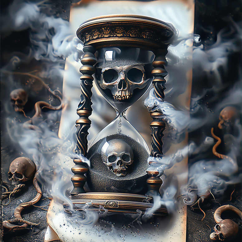 Skull, hourglass, sand, smoke, and ornate frame in black and grey; AI-generated tattoo project, suitable for a cover-up.