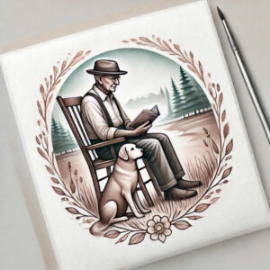 Man in a hat reading a book on a wooden chair beside a dog, framed by a circular floral border; black and grey tattoo design concept, suitable for cover-up.