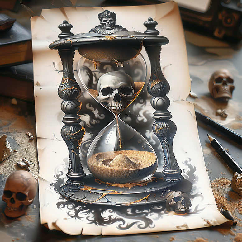 Hourglass with skull centerpiece, sand inside, parchment background, and wisps of smoke in black and grey; tattoo design idea, cover-up project.
