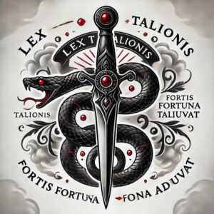 Dagger and coiled serpent in black and grey with red gems; clouds in the background; AI-generated tattoo project; suitable for cover-up.