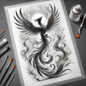 Pattern phoenix in black and grey with flowing ink swirls, surrounded by smoke and a pale moon; a bold, cover-up-ready tattoo project.