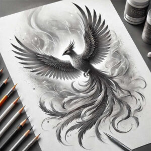 Black and grey phoenix with flowing feather detail on a white canvas, pencils and paint bottles visible; AI-generated tattoo project; suitable for cover-up.