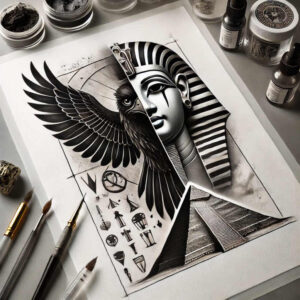 Raven wing and pharaoh face with striped headdress in black and grey, with geometric pyramids and triangles; cover-up-ready tattoo study.