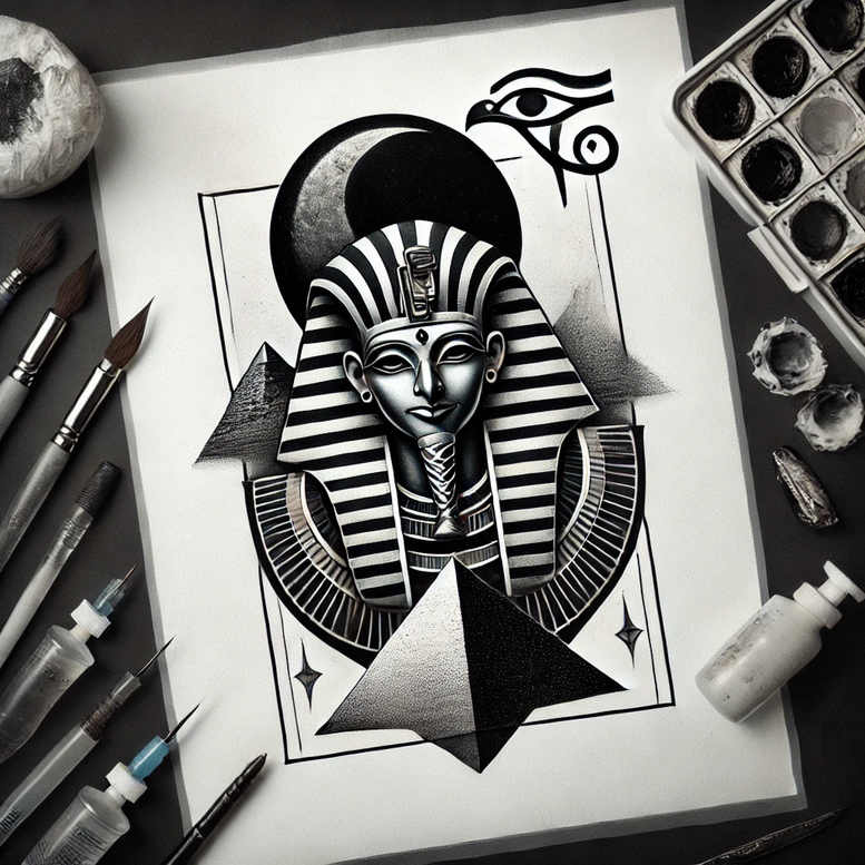 Pharaoh nemes headdress tattoo design in black and grey with pyramid, eye, circle, and frame; AI-generated project; suitable for cover-up.