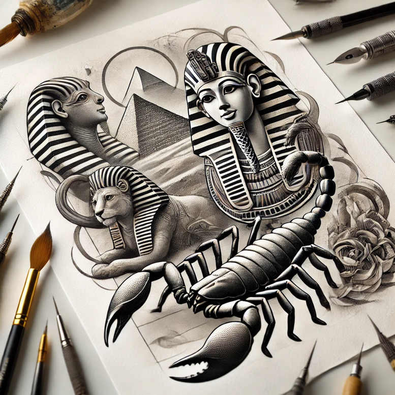 Scorpion centered with two pharaoh heads wearing striped nemes, pyramids in the background, and a rose on the right; black and grey pencil drawing; AI-generated tattoo project, cover-up suitable.