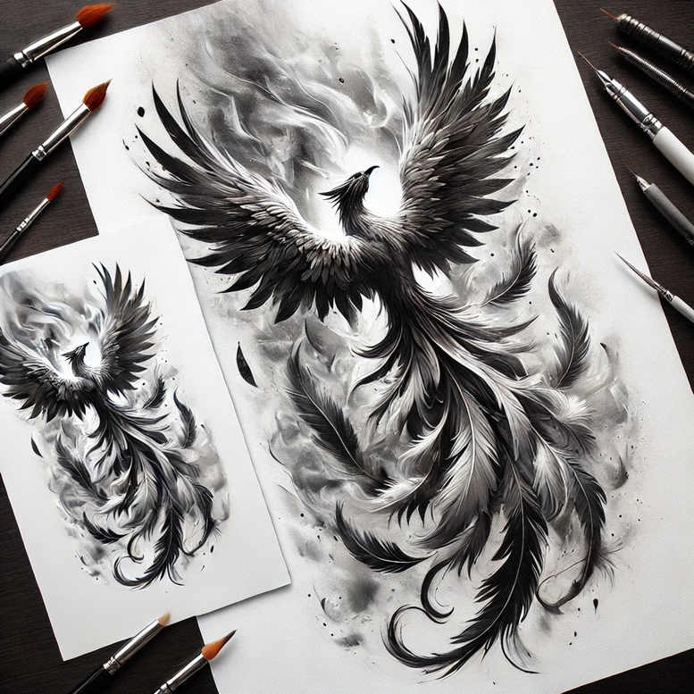 Phoenix with expansive black and grey feathers in a dynamic pose; a concept artwork for a cover-up tattoo project.