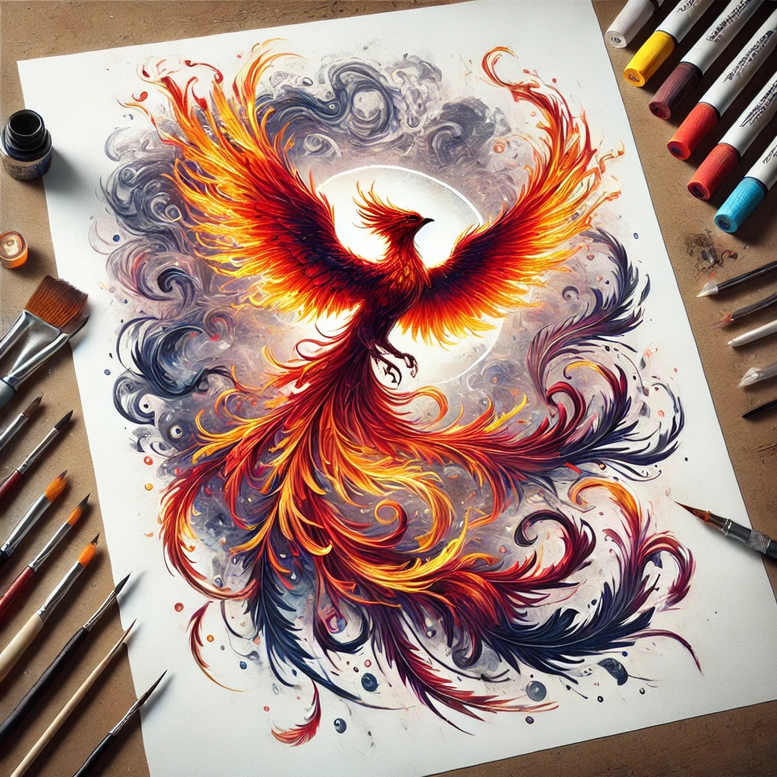 Phoenix with orange-red-yellow plumage rises above a pale halo on white paper, surrounded by brushes and markers; color illustration; tattoo design concept; project idea; cover-up: no.