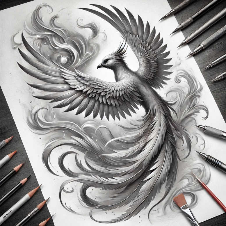 phoenix-hope-symbol – tattoo design ideas free ai generated – surrealism-psychedelic – for-upper-back – Gallery: phoenix-inkby-ai