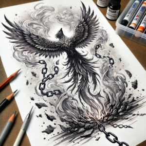 phoenix-with-ashes – tattoo design ideas free ai generated – neotraditional-bold-texture – for-side-torso – Gallery: phoenix-inkby-ai
