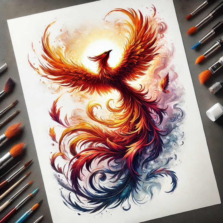 phoenix-with-fire-motif – tattoo design ideas free ai generated – realism-gradient-tones – for-calf – Gallery: phoenix-inkby-ai