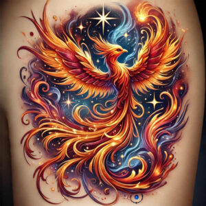 phoenix-with-ornament – tattoo design ideas free ai generated – realism-minimal-grain – for-back-shoulder – Gallery: phoenix-inkby-ai