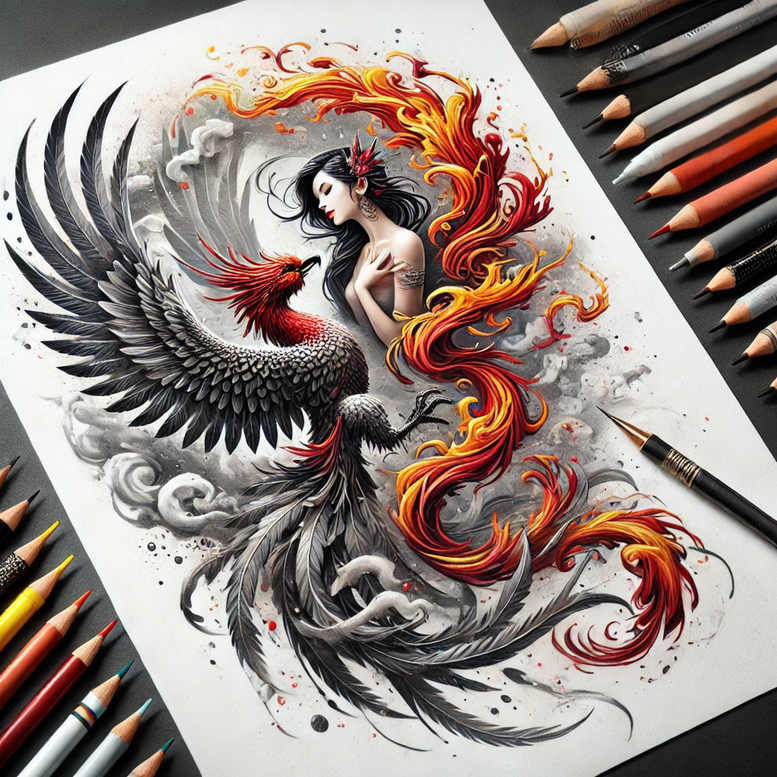 phoenix-with-shadow-and-light – tattoo design ideas free ai generated – realism-depth-perception – for-lower-leg – Gallery: phoenix-inkby-ai