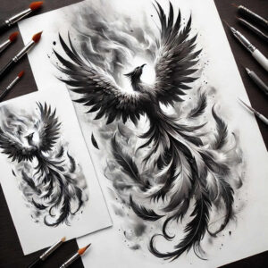 phoenix-with-spiritual-motif – tattoo design ideas free ai generated – neotraditional-expressive-lines – for-behind-ear – Gallery: phoenix-inkby-ai