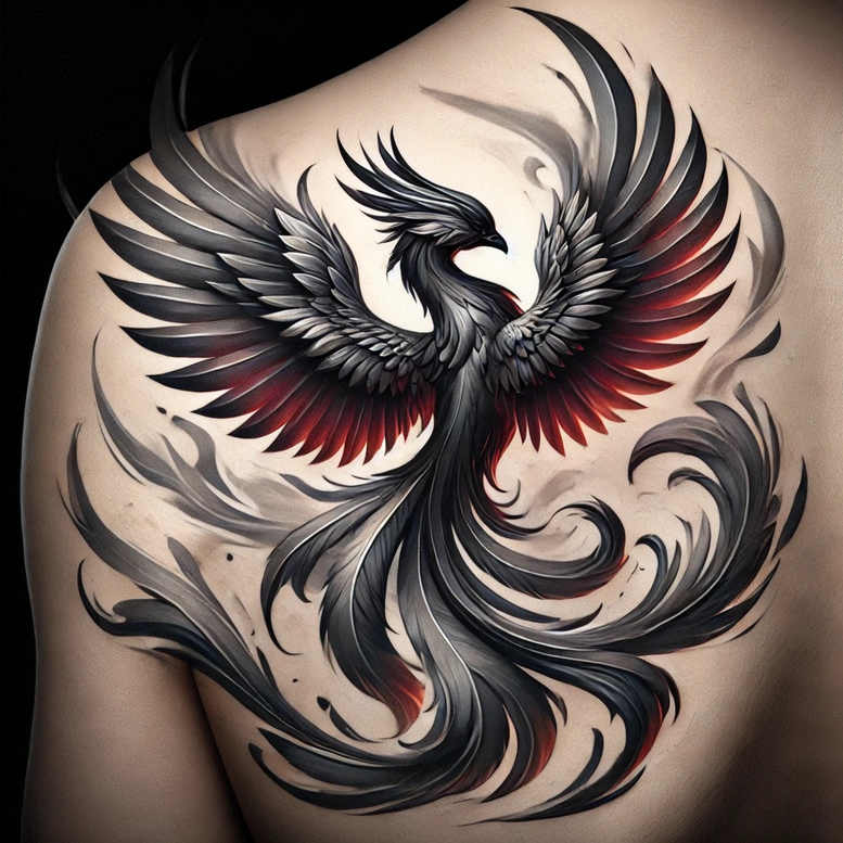 phoenix-with-symbol – tattoo design ideas free ai generated – neotraditional-precise-lines – for-upper-back – Gallery: phoenix-inkby-ai