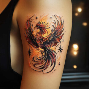 phoenix tattoo design ideas Realism dynamic shadows fiery tail for upper arm