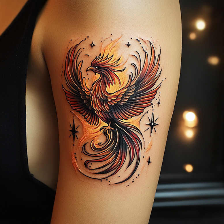 phoenix tattoo design ideas Realism dynamic shadows fiery tail for upper arm