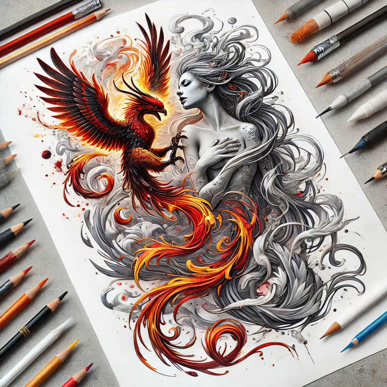Phoenix (colorful red/orange) and grayscale woman (black and grey) with orange flames; a tattoo design project, not specifically for cover-up.