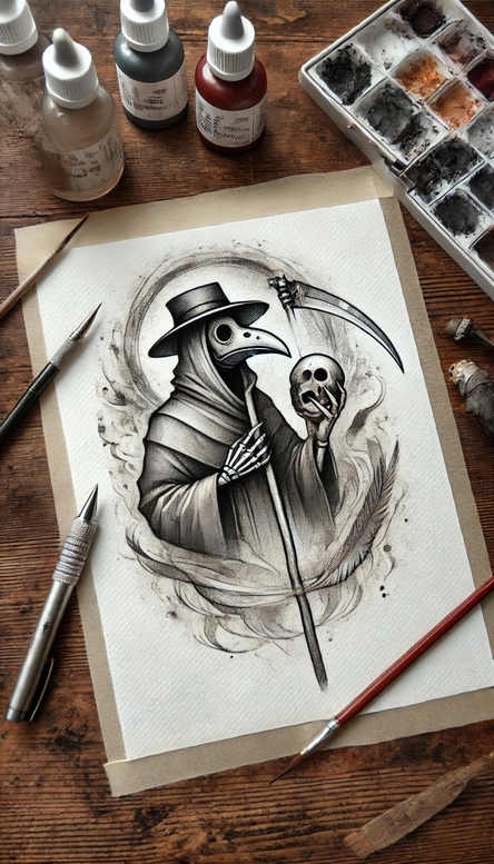 Black and grey plague doctor tattoo design: beaked mask, hat, cloak, scythe, skull, smoke, palette, brushes, pencil, and paper; AI-generated cover-up concept.