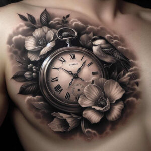 Black and grey pocket watch surrounded by a bird and flowers; tattoo idea for a cover-up, grayscale.