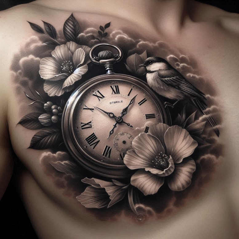 Black and grey pocket watch surrounded by a bird and flowers; tattoo idea for a cover-up, grayscale.