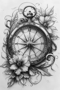 Black and grey pocket watch with compass rose and blooming flowers; tattoo design idea, pattern.