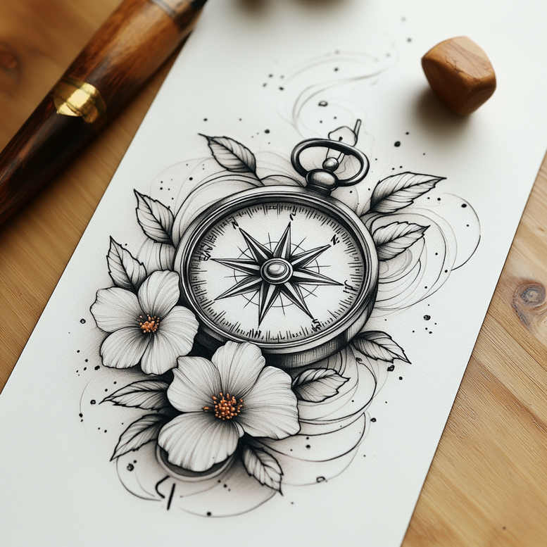 Pocket watch with blooming flowers drawn in black and grey ink on white paper; tattoo design concept; cover-up possible.