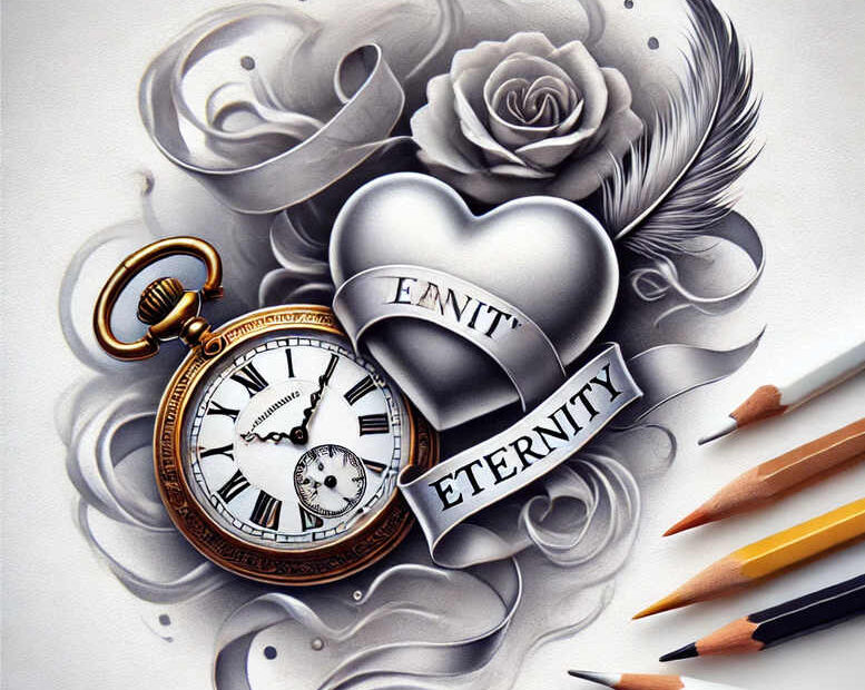 Pocket watch, heart with eternity ribbon, rose, feather, and pencil; black and grey; tattoo project idea; not ideal for cover-up.